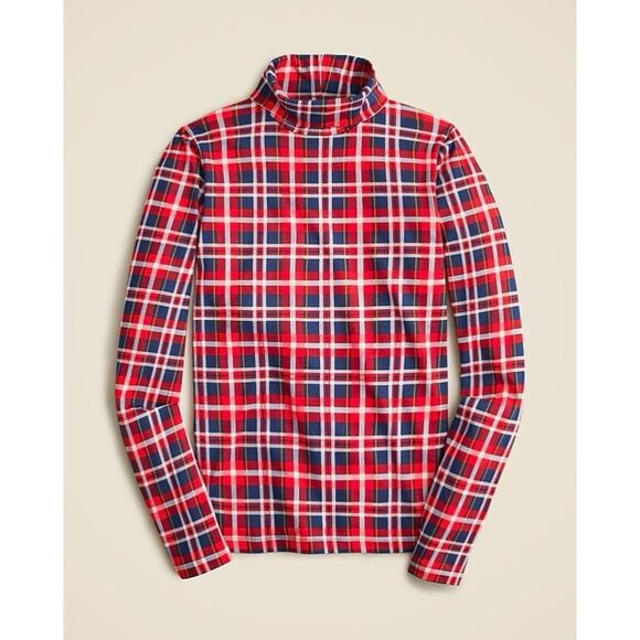 J.Crew Red Blue White Plaid Tissue Turtleneck Base Layer Long Sleeve XS Preppy - Picture 1 of 7